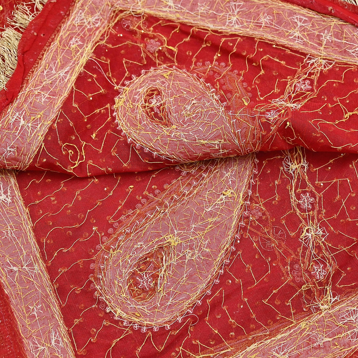 Indian Vintage Heavy Luxury Bridal Red Dupatta Net Mesh Long Stole Hand Embroidered Scarves Zardozi Dabka Wedding dupatta veil hijab