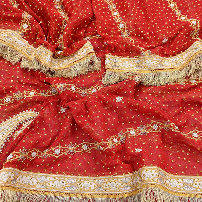 Indian Vintage Heavy Luxury Bridal Red Dupatta Net Mesh Long Stole Hand Embroidered Scarves Zardozi Dabka Wedding dupatta veil hijab