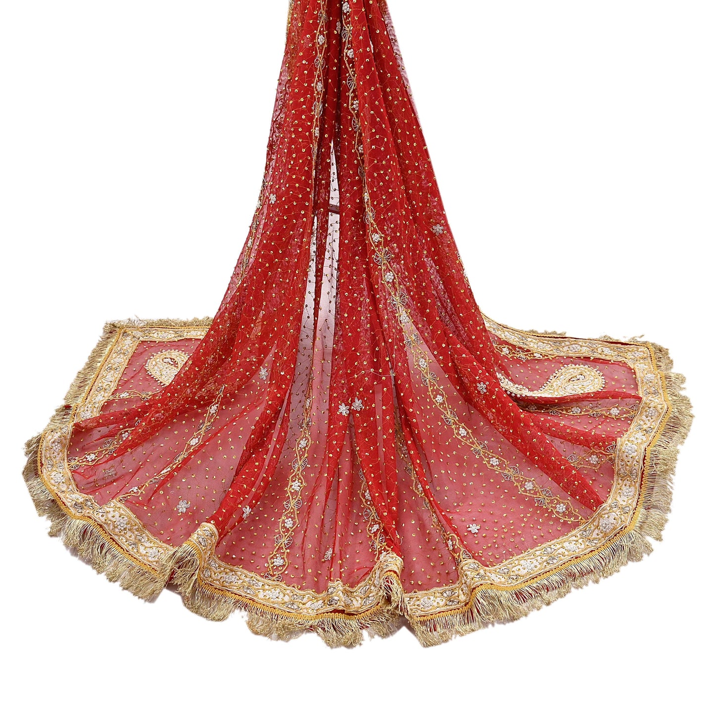 Indian Vintage Heavy Luxury Bridal Red Dupatta Net Mesh Long Stole Hand Embroidered Scarves Zardozi Dabka Wedding dupatta veil hijab
