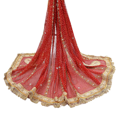 Indian Vintage Heavy Luxury Bridal Red Dupatta Net Mesh Long Stole Hand Embroidered Scarves Zardozi Dabka Wedding dupatta veil hijab