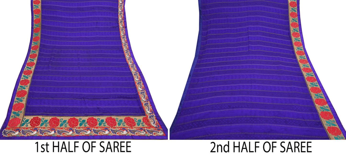 Indian Vintage Heavy Blue Sari  Hand Embroidered Saree 100% Pure Silk Craft Fabric 6yd Soft Wedding/Party Wear Blouse Fabric