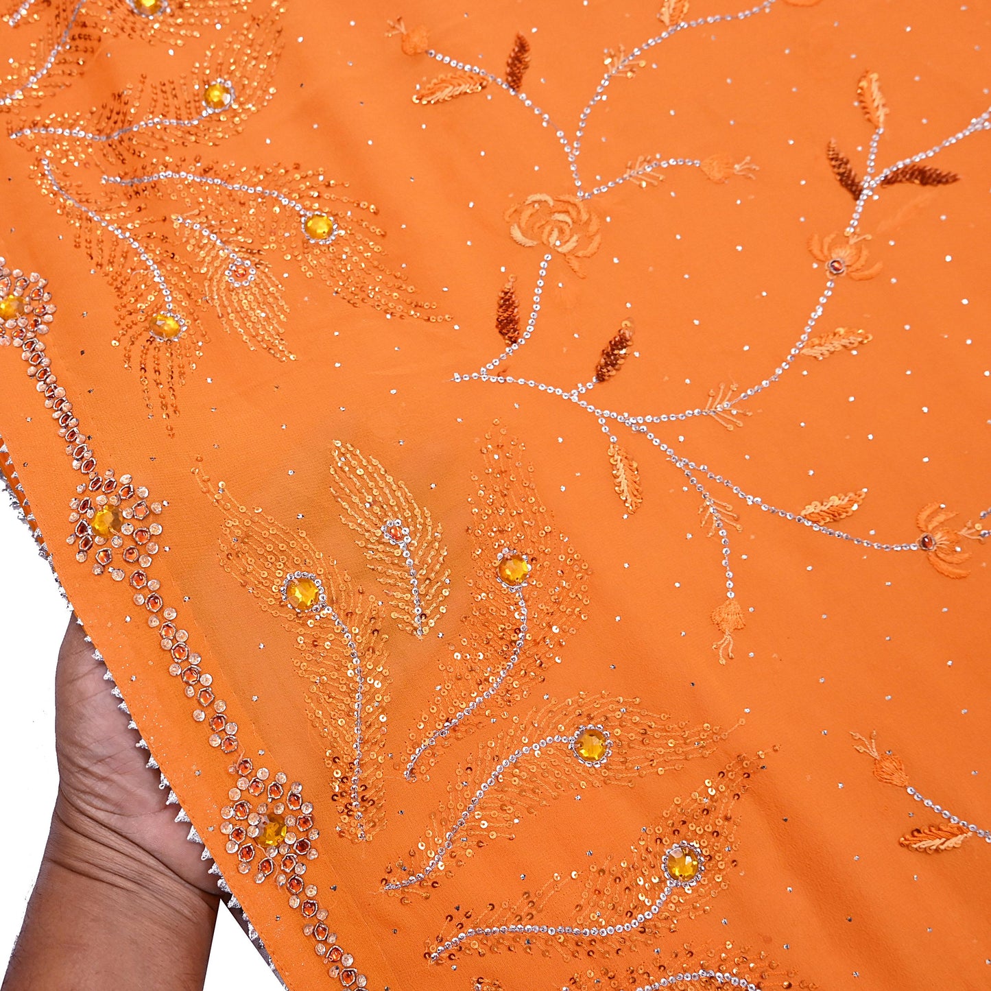 Indian Vintage Heavy Sari Orange Pure Georgette Silk Hand Embroidered Sarees Craft Fabric 6Yd Sewing Ethnic Bollywood saree Zardozi Mukesh