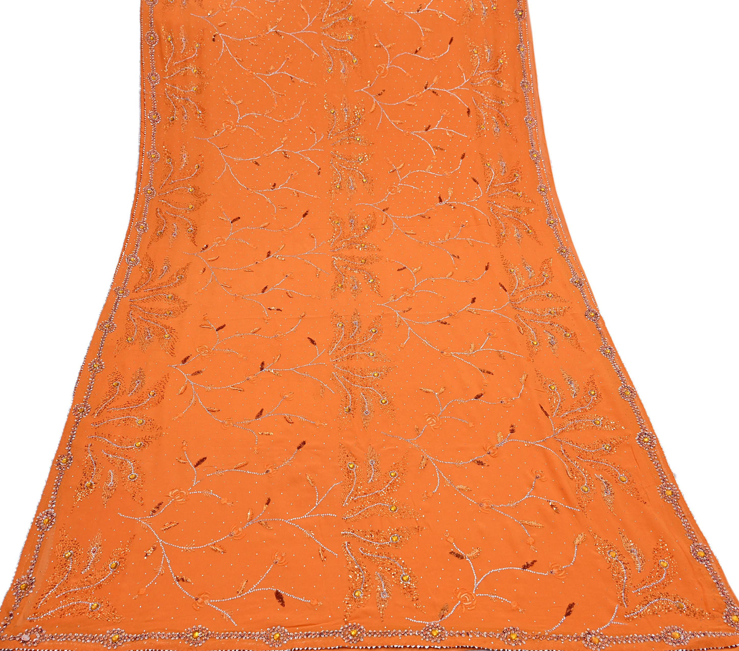 Indian Vintage Heavy Sari Orange Pure Georgette Silk Hand Embroidered Sarees Craft Fabric 6Yd Sewing Ethnic Bollywood saree Zardozi Mukesh