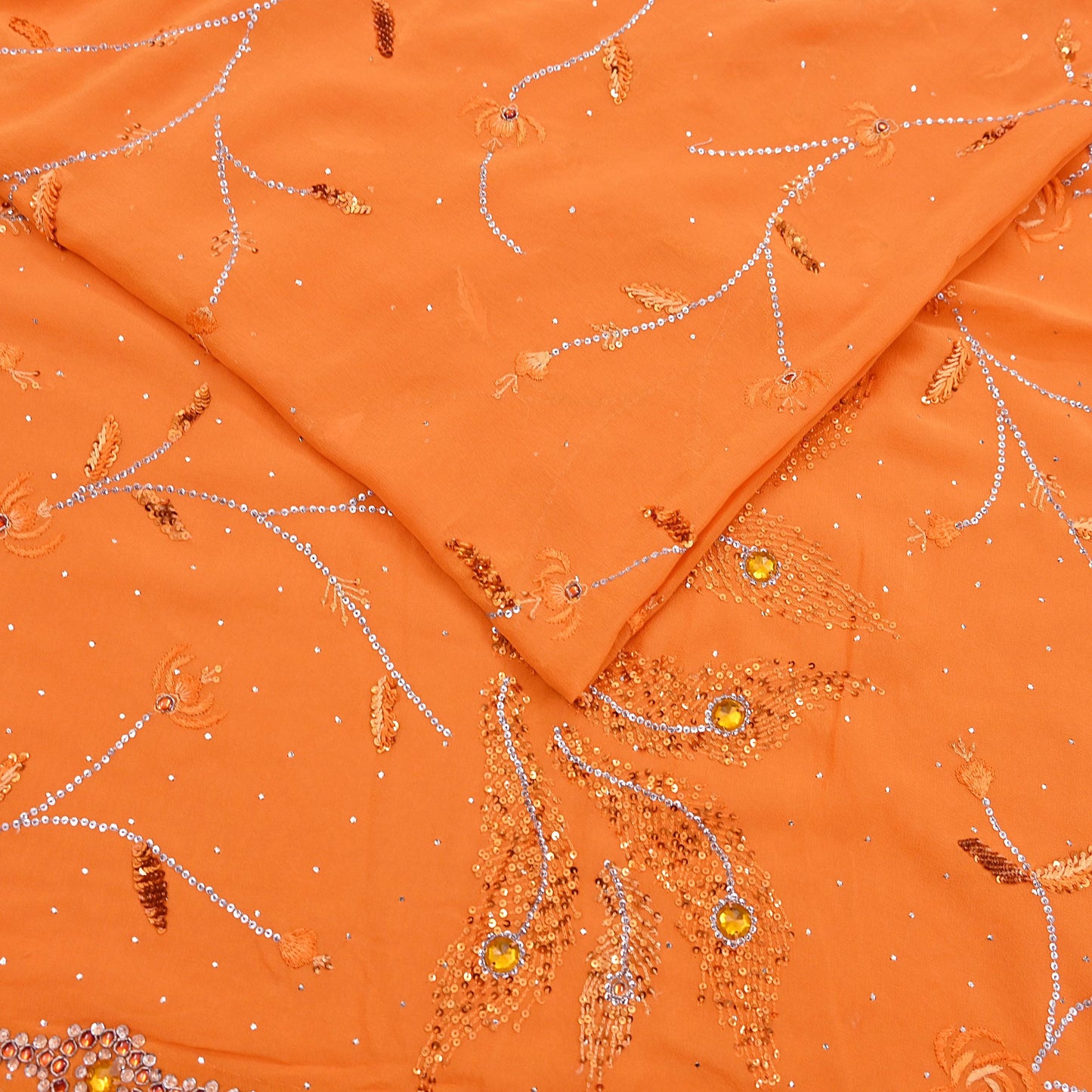 Indian Vintage Heavy Sari Orange Pure Georgette Silk Hand Embroidered Sarees Craft Fabric 6Yd Sewing Ethnic Bollywood saree Zardozi Mukesh