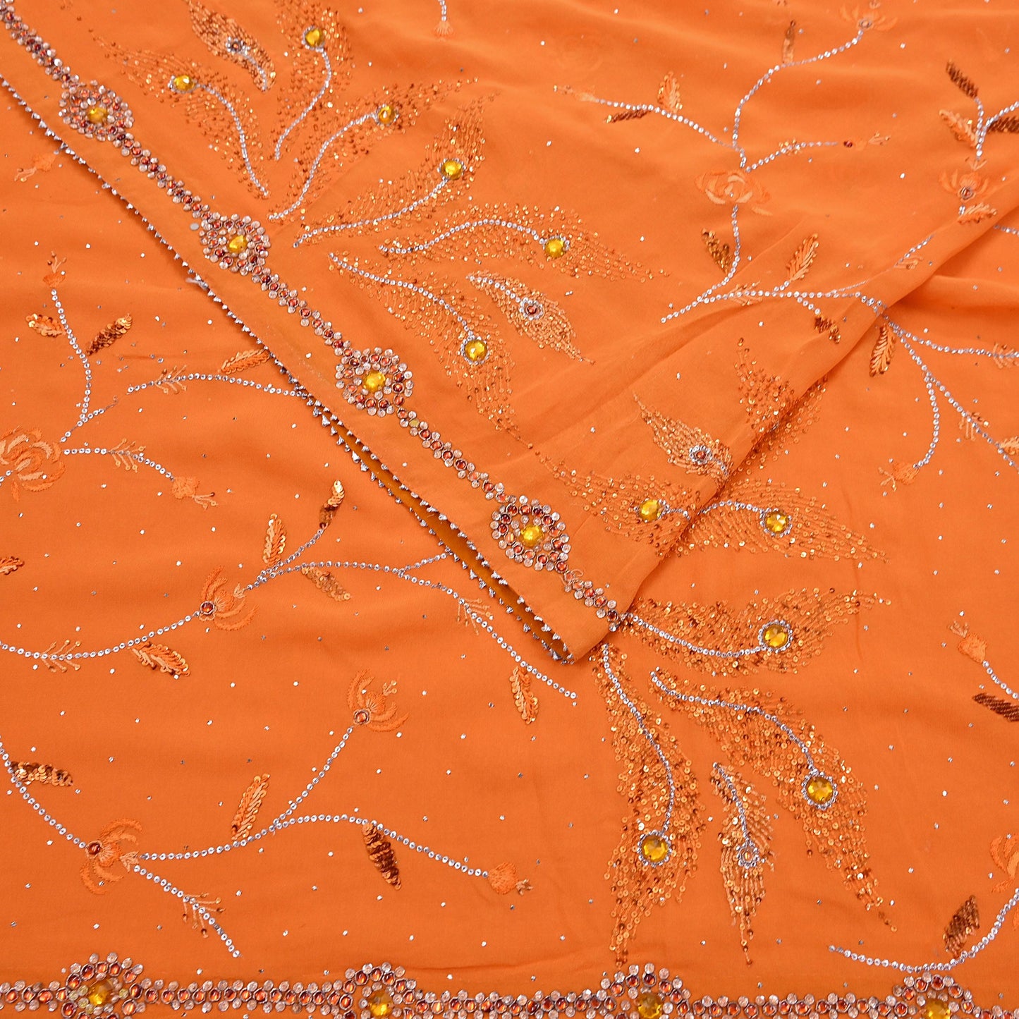 Indian Vintage Heavy Sari Orange Pure Georgette Silk Hand Embroidered Sarees Craft Fabric 6Yd Sewing Ethnic Bollywood saree Zardozi Mukesh