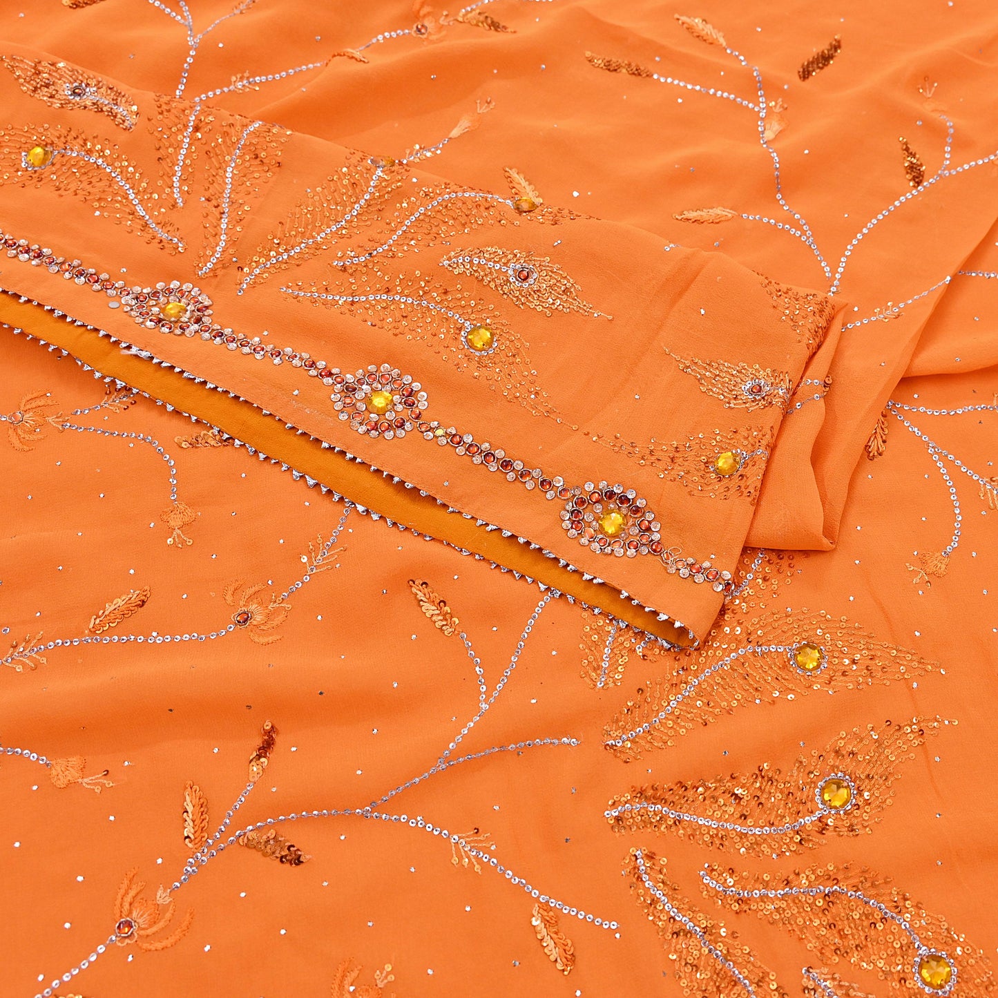 Indian Vintage Heavy Sari Orange Pure Georgette Silk Hand Embroidered Sarees Craft Fabric 6Yd Sewing Ethnic Bollywood saree Zardozi Mukesh