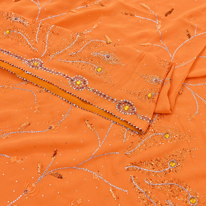 Indian Vintage Heavy Sari Orange Pure Georgette Silk Hand Embroidered Sarees Craft Fabric 6Yd Sewing Ethnic Bollywood saree Zardozi Mukesh