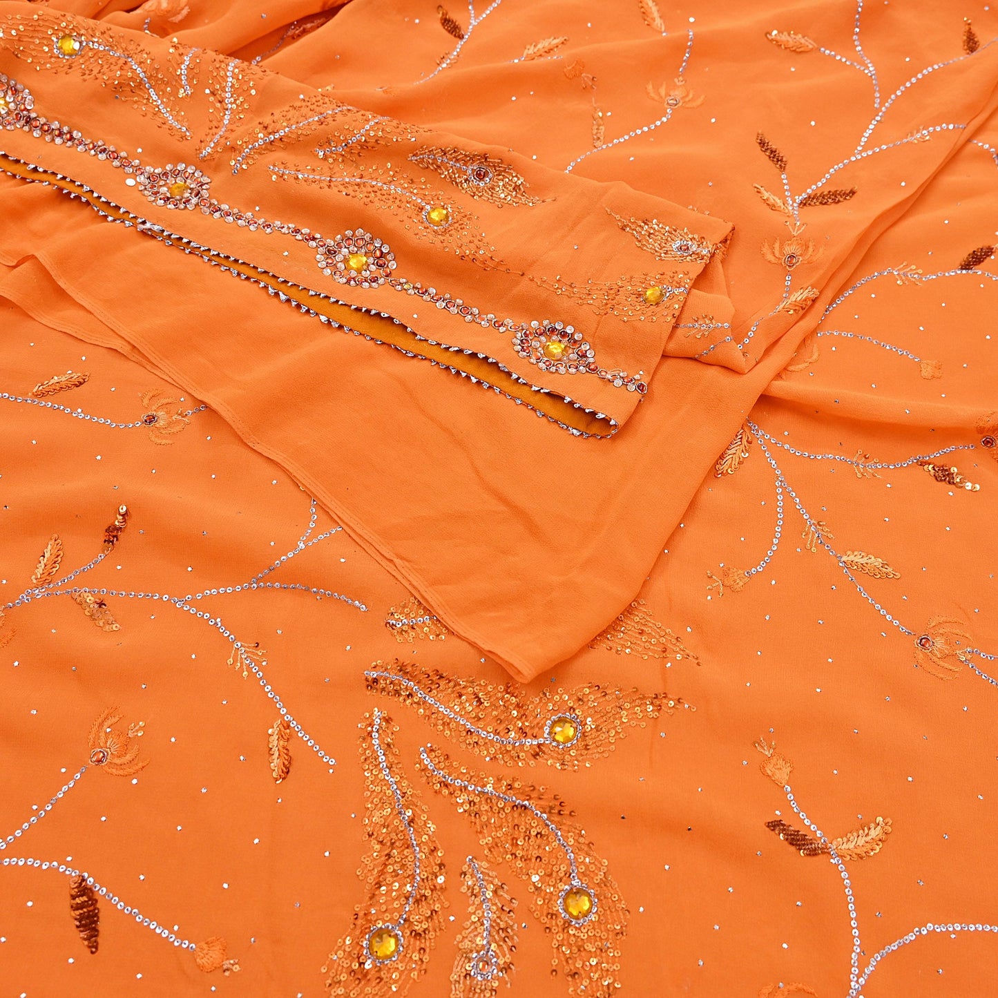 Indian Vintage Heavy Sari Orange Pure Georgette Silk Hand Embroidered Sarees Craft Fabric 6Yd Sewing Ethnic Bollywood saree Zardozi Mukesh