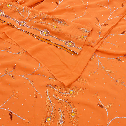 Indian Vintage Heavy Sari Orange Pure Georgette Silk Hand Embroidered Sarees Craft Fabric 6Yd Sewing Ethnic Bollywood saree Zardozi Mukesh