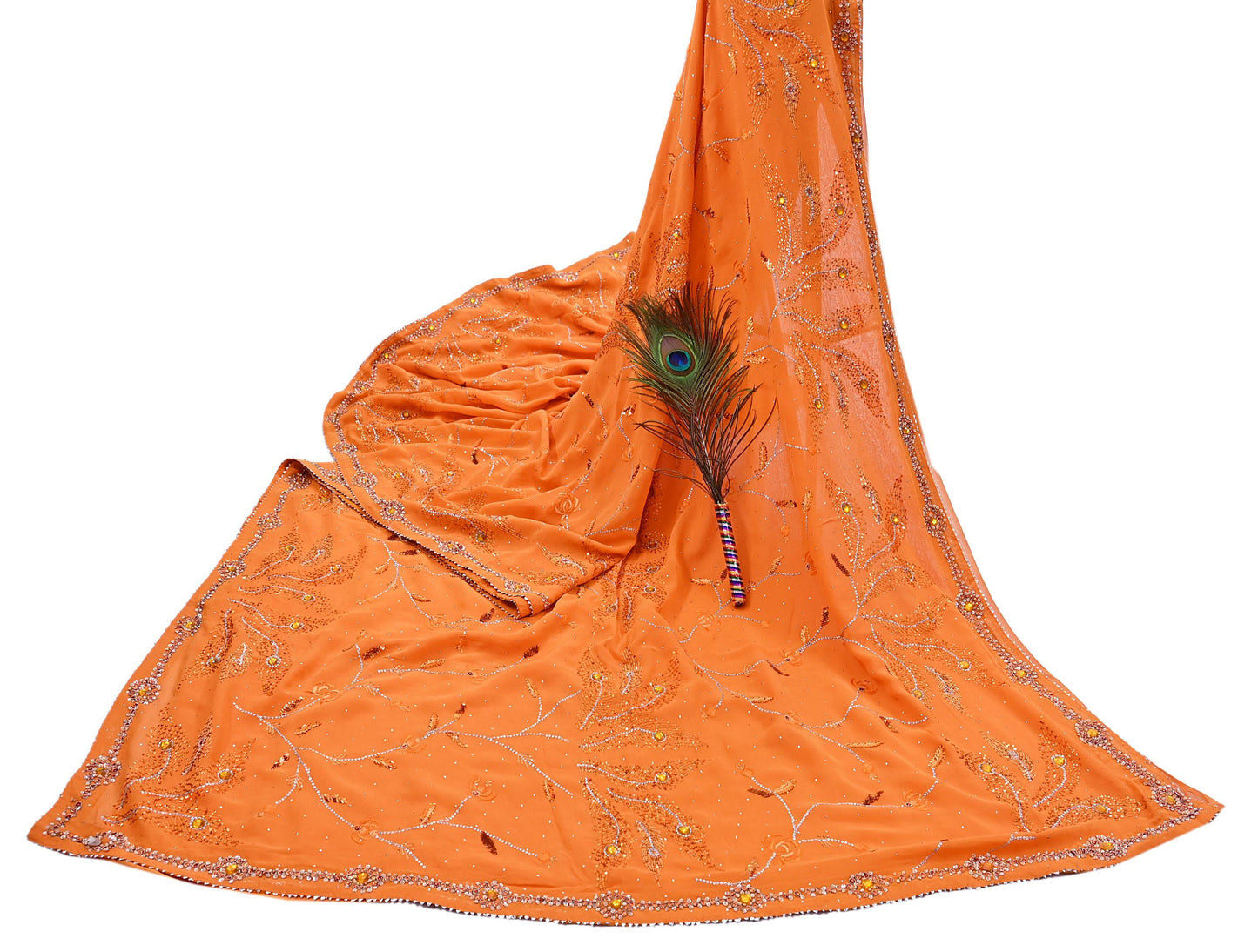 Indian Vintage Heavy Sari Orange Pure Georgette Silk Hand Embroidered Sarees Craft Fabric 6Yd Sewing Ethnic Bollywood saree Zardozi Mukesh