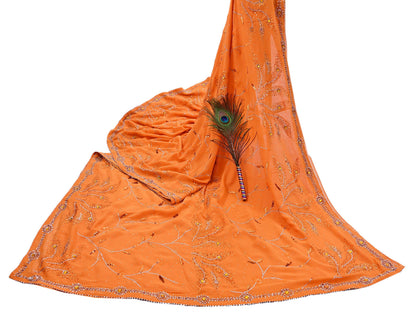 Indian Vintage Heavy Sari Orange Pure Georgette Silk Hand Embroidered Sarees Craft Fabric 6Yd Sewing Ethnic Bollywood saree Zardozi Mukesh