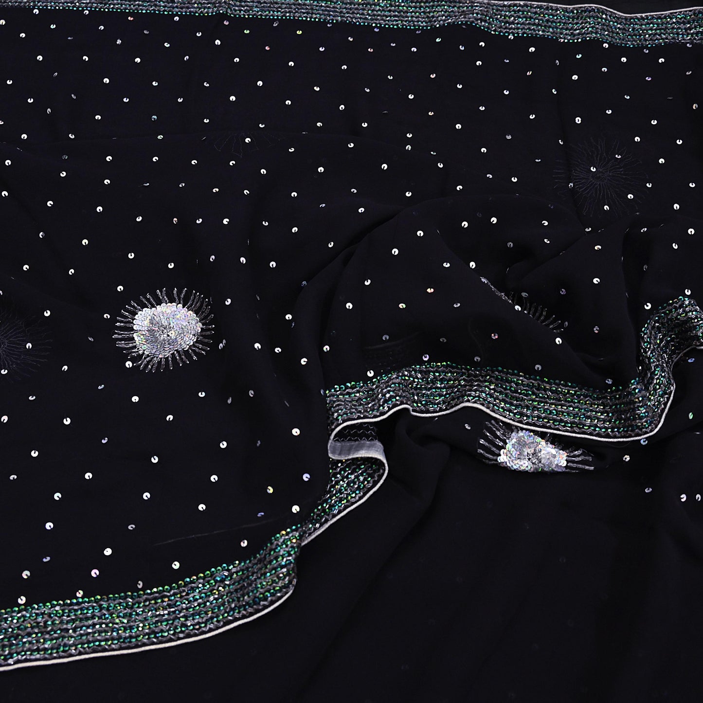 Indian Vintage Heavy Sarees Black Pure Georgette Silk Hand Embroidered Sari Fabric 5Yd Sewing Ethnic Sequins Wedding sarees Dress making