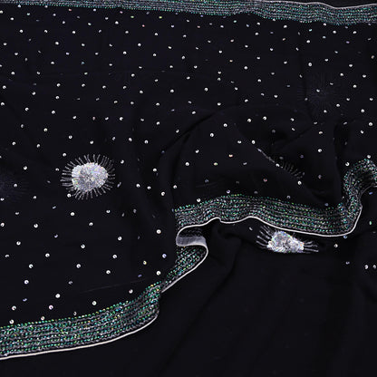 Indian Vintage Heavy Sarees Black Pure Georgette Silk Hand Embroidered Sari Fabric 5Yd Sewing Ethnic Sequins Wedding sarees Dress making