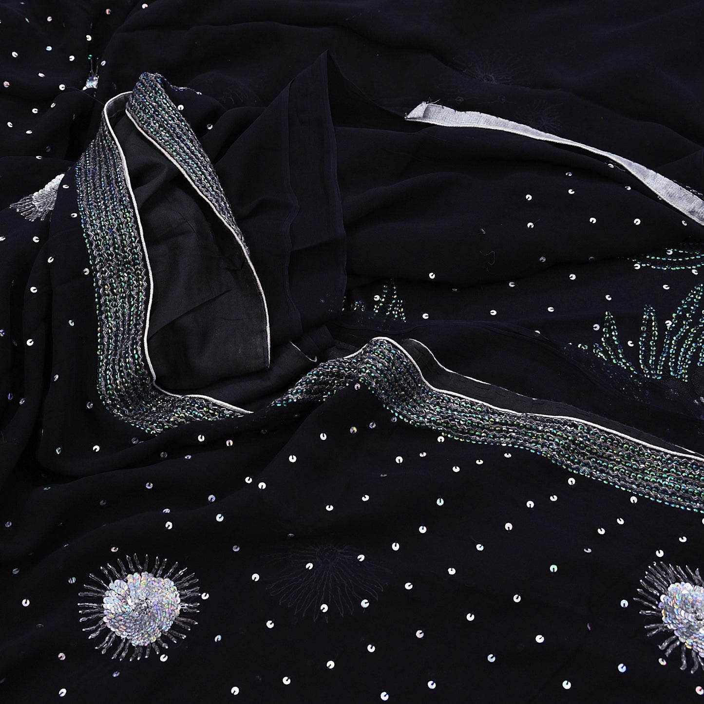 Indian Vintage Heavy Sarees Black Pure Georgette Silk Hand Embroidered Sari Fabric 5Yd Sewing Ethnic Sequins Wedding sarees Dress making