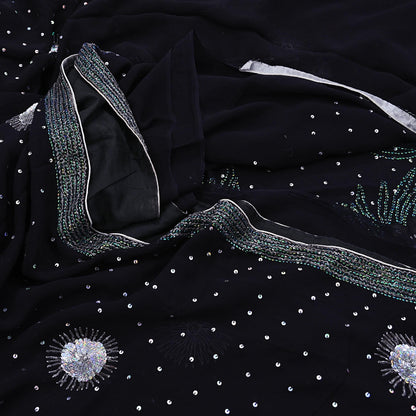 Indian Vintage Heavy Sarees Black Pure Georgette Silk Hand Embroidered Sari Fabric 5Yd Sewing Ethnic Sequins Wedding sarees Dress making