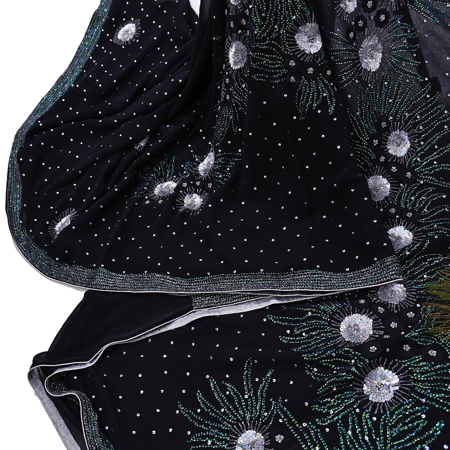 Indian Vintage Heavy Sarees Black Pure Georgette Silk Hand Embroidered Sari Fabric 5Yd Sewing Ethnic Sequins Wedding sarees Dress making