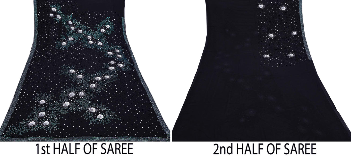 Indian Vintage Heavy Sarees Black Pure Georgette Silk Hand Embroidered Sari Fabric 5Yd Sewing Ethnic Sequins Wedding sarees Dress making