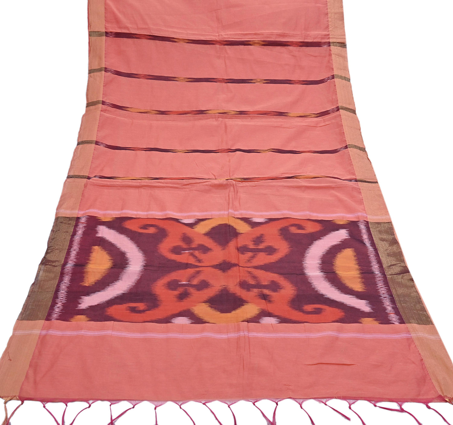 Indian Vintage Peach Saree Artificial Silk Pochampally Hand Woven Ikat Sari Craft Fabric 5Yd Ethnic Zari Border Dress making Fringes