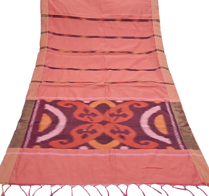 Indian Vintage Peach Saree Artificial Silk Pochampally Hand Woven Ikat Sari Craft Fabric 5Yd Ethnic Zari Border Dress making Fringes