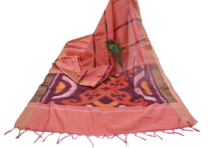 Indian Vintage Peach Saree Artificial Silk Pochampally Hand Woven Ikat Sari Craft Fabric 5Yd Ethnic Zari Border Dress making Fringes