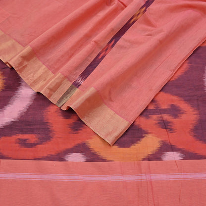 Indian Vintage Peach Saree Artificial Silk Pochampally Hand Woven Ikat Sari Craft Fabric 5Yd Ethnic Zari Border Dress making Fringes