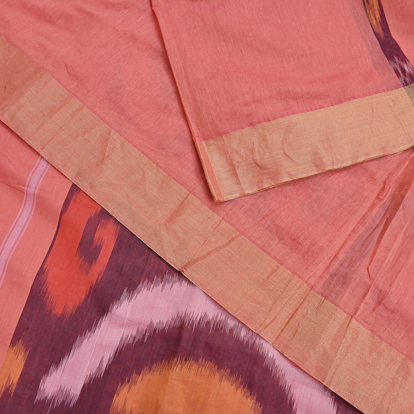 Indian Vintage Peach Saree Artificial Silk Pochampally Hand Woven Ikat Sari Craft Fabric 5Yd Ethnic Zari Border Dress making Fringes
