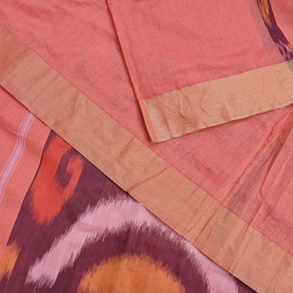 Indian Vintage Peach Saree Artificial Silk Pochampally Hand Woven Ikat Sari Craft Fabric 5Yd Ethnic Zari Border Dress making Fringes