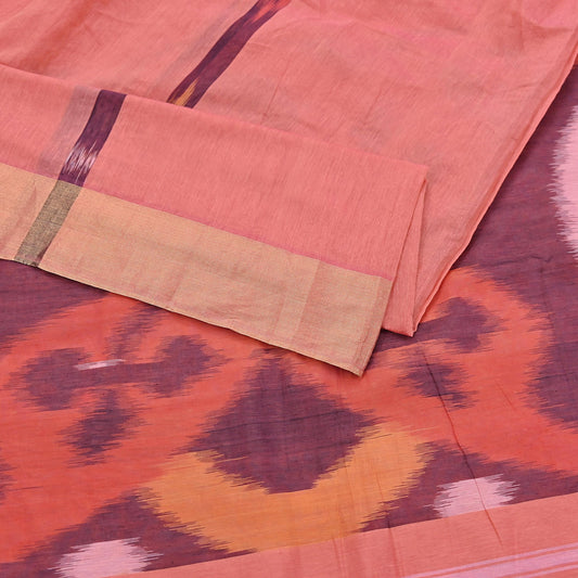 Indian Vintage Peach Saree Artificial Silk Pochampally Hand Woven Ikat Sari Craft Fabric 5Yd Ethnic Zari Border Dress making Fringes