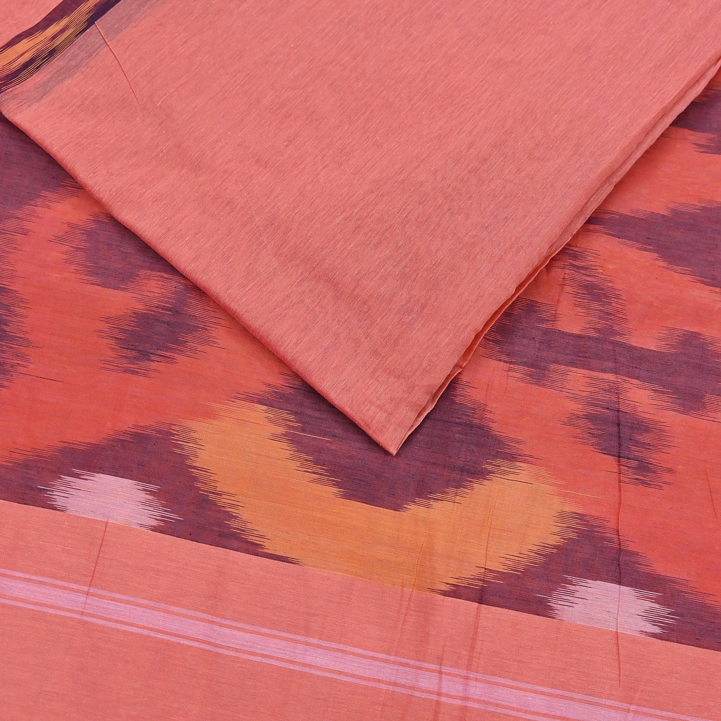 Indian Vintage Peach Saree Artificial Silk Pochampally Hand Woven Ikat Sari Craft Fabric 5Yd Ethnic Zari Border Dress making Fringes