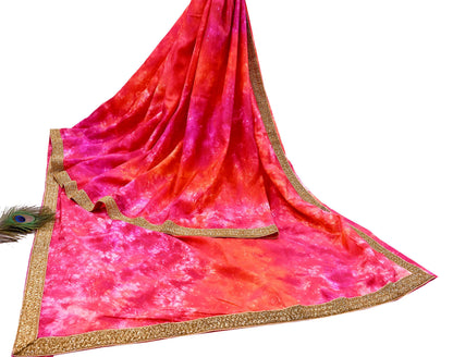 Rare Vintage Orange & Pink Pure Silk Saree Hand Embroidered Tie dye Fabric 5.5 Yards Sari Bollywood Party Wear Ethnic Designer Saree