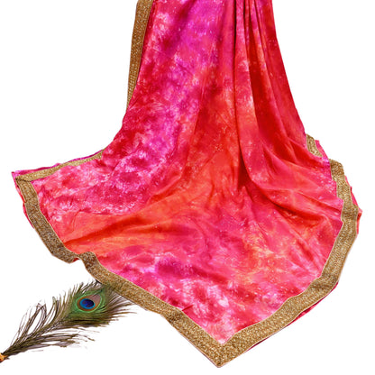Rare Vintage Orange & Pink Pure Silk Saree Hand Embroidered Tie dye Fabric 5.5 Yards Sari Bollywood Party Wear Ethnic Designer Saree