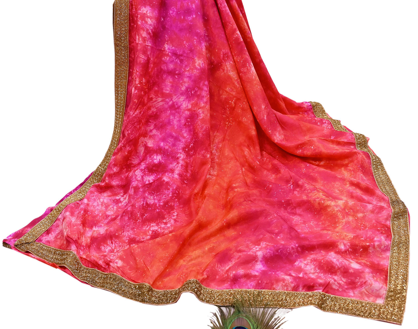 Rare Vintage Orange & Pink Pure Silk Saree Hand Embroidered Tie dye Fabric 5.5 Yards Sari Bollywood Party Wear Ethnic Designer Saree