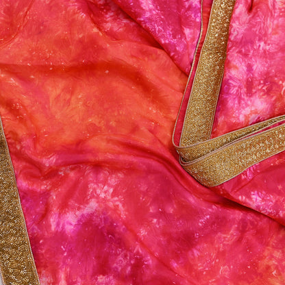 Rare Vintage Orange & Pink Pure Silk Saree Hand Embroidered Tie dye Fabric 5.5 Yards Sari Bollywood Party Wear Ethnic Designer Saree