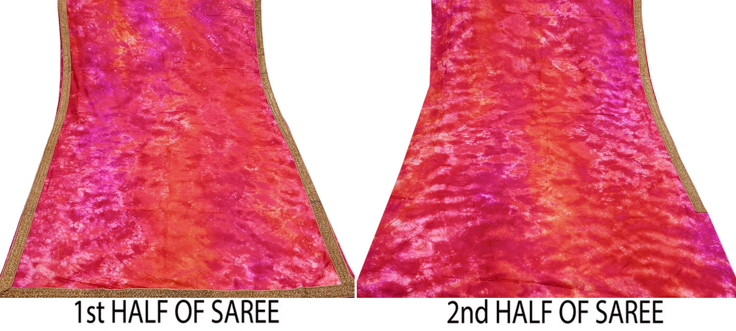 Rare Vintage Orange & Pink Pure Silk Saree Hand Embroidered Tie dye Fabric 5.5 Yards Sari Bollywood Party Wear Ethnic Designer Saree