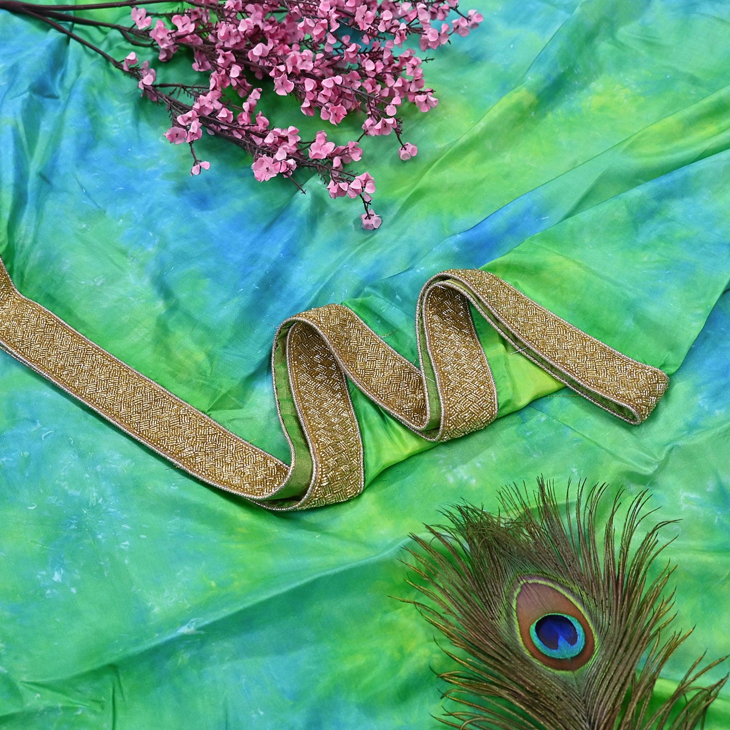 Rare Vintage Green & Blue Pure Silk Saree Hand Embroidered Tie dye Fabric 6 Yards Sari Bollywood Party Wear Ethnic Designer Saree
