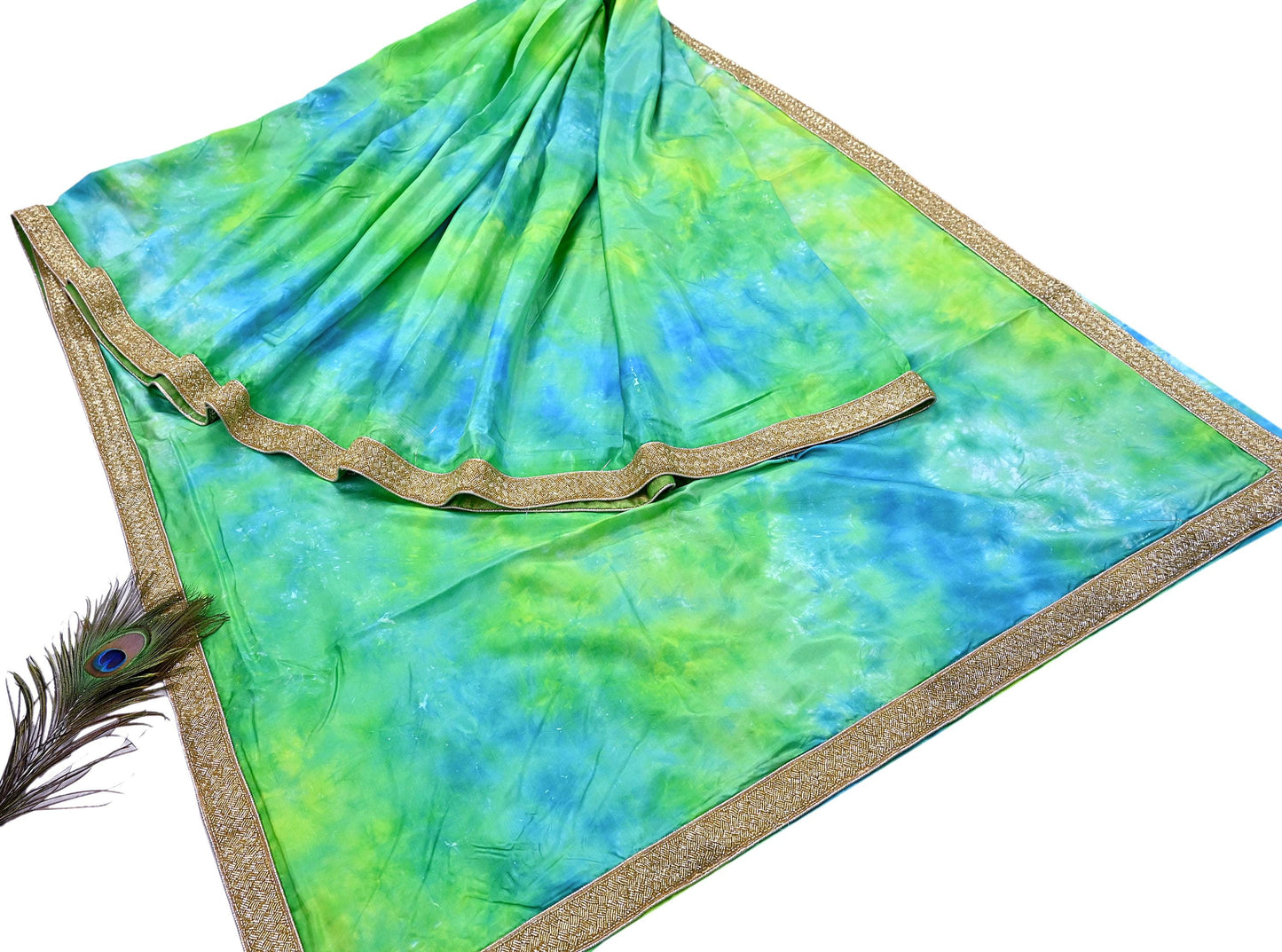 Rare Vintage Green & Blue Pure Silk Saree Hand Embroidered Tie dye Fabric 6 Yards Sari Bollywood Party Wear Ethnic Designer Saree