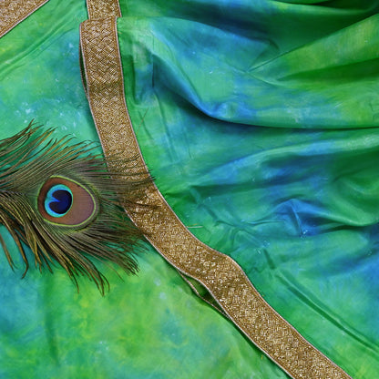 Rare Vintage Green & Blue Pure Silk Saree Hand Embroidered Tie dye Fabric 6 Yards Sari Bollywood Party Wear Ethnic Designer Saree