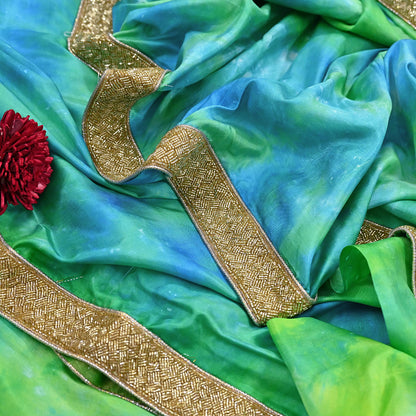 Rare Vintage Green & Blue Pure Silk Saree Hand Embroidered Tie dye Fabric 6 Yards Sari Bollywood Party Wear Ethnic Designer Saree