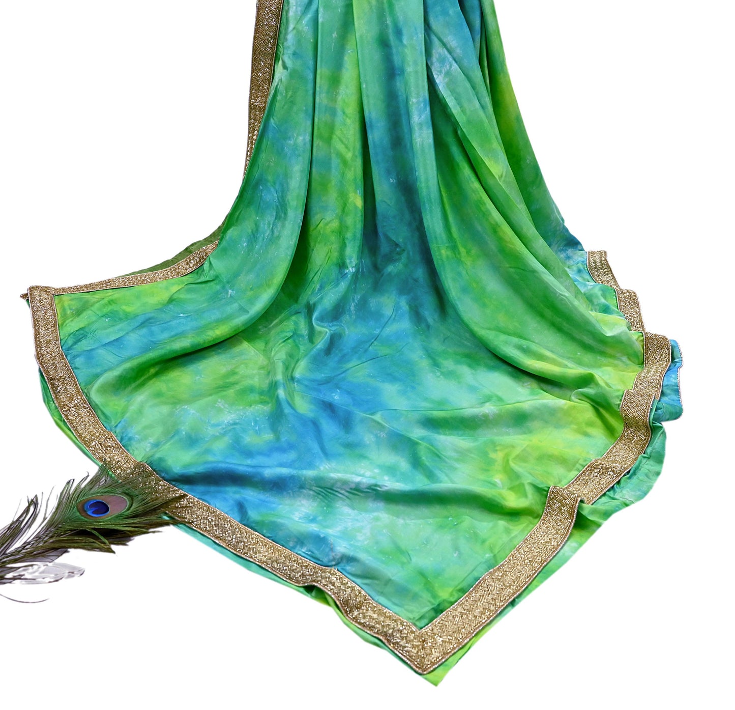 Rare Vintage Green & Blue Pure Silk Saree Hand Embroidered Tie dye Fabric 6 Yards Sari Bollywood Party Wear Ethnic Designer Saree