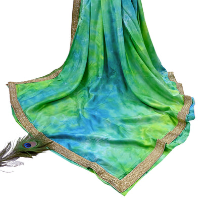 Rare Vintage Green & Blue Pure Silk Saree Hand Embroidered Tie dye Fabric 6 Yards Sari Bollywood Party Wear Ethnic Designer Saree