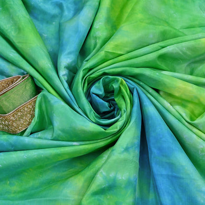 Rare Vintage Green & Blue Pure Silk Saree Hand Embroidered Tie dye Fabric 6 Yards Sari Bollywood Party Wear Ethnic Designer Saree
