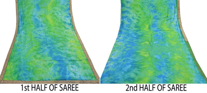 Rare Vintage Green & Blue Pure Silk Saree Hand Embroidered Tie dye Fabric 6 Yards Sari Bollywood Party Wear Ethnic Designer Saree