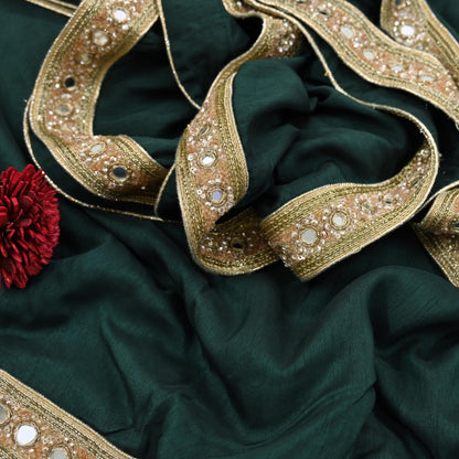 Rare Vintage Deep Green Mirror Pure Silk Saree Hand Embroidered Fabric 5.5 Yards Sari Bollywood Party Wear Ethnic Designer Saree