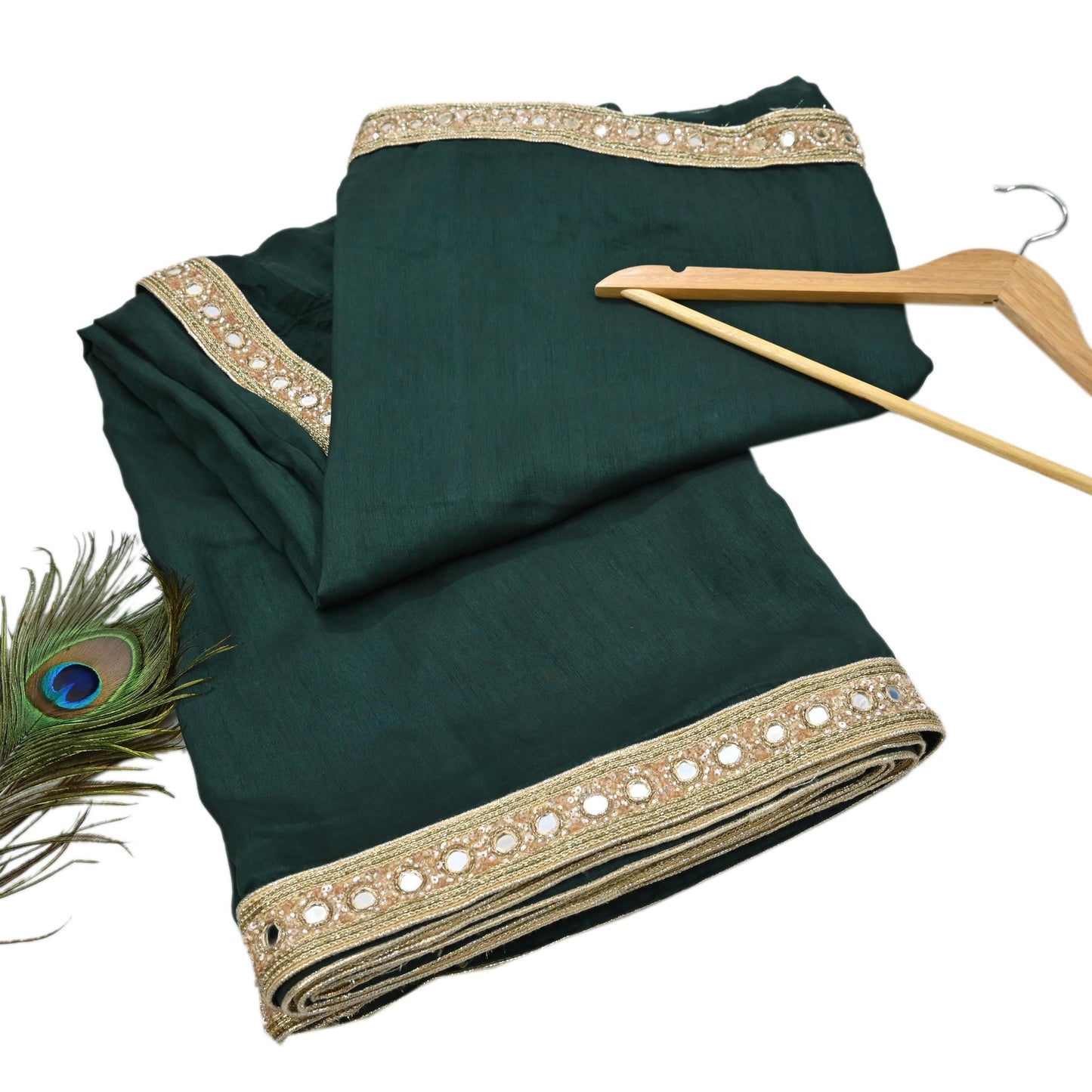 Rare Vintage Deep Green Mirror Pure Silk Saree Hand Embroidered Fabric 5.5 Yards Sari Bollywood Party Wear Ethnic Designer Saree