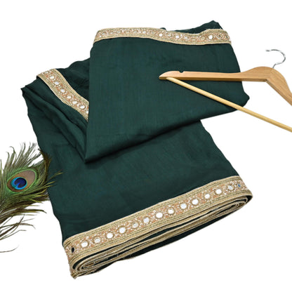 Rare Vintage Deep Green Mirror Pure Silk Saree Hand Embroidered Fabric 5.5 Yards Sari Bollywood Party Wear Ethnic Designer Saree