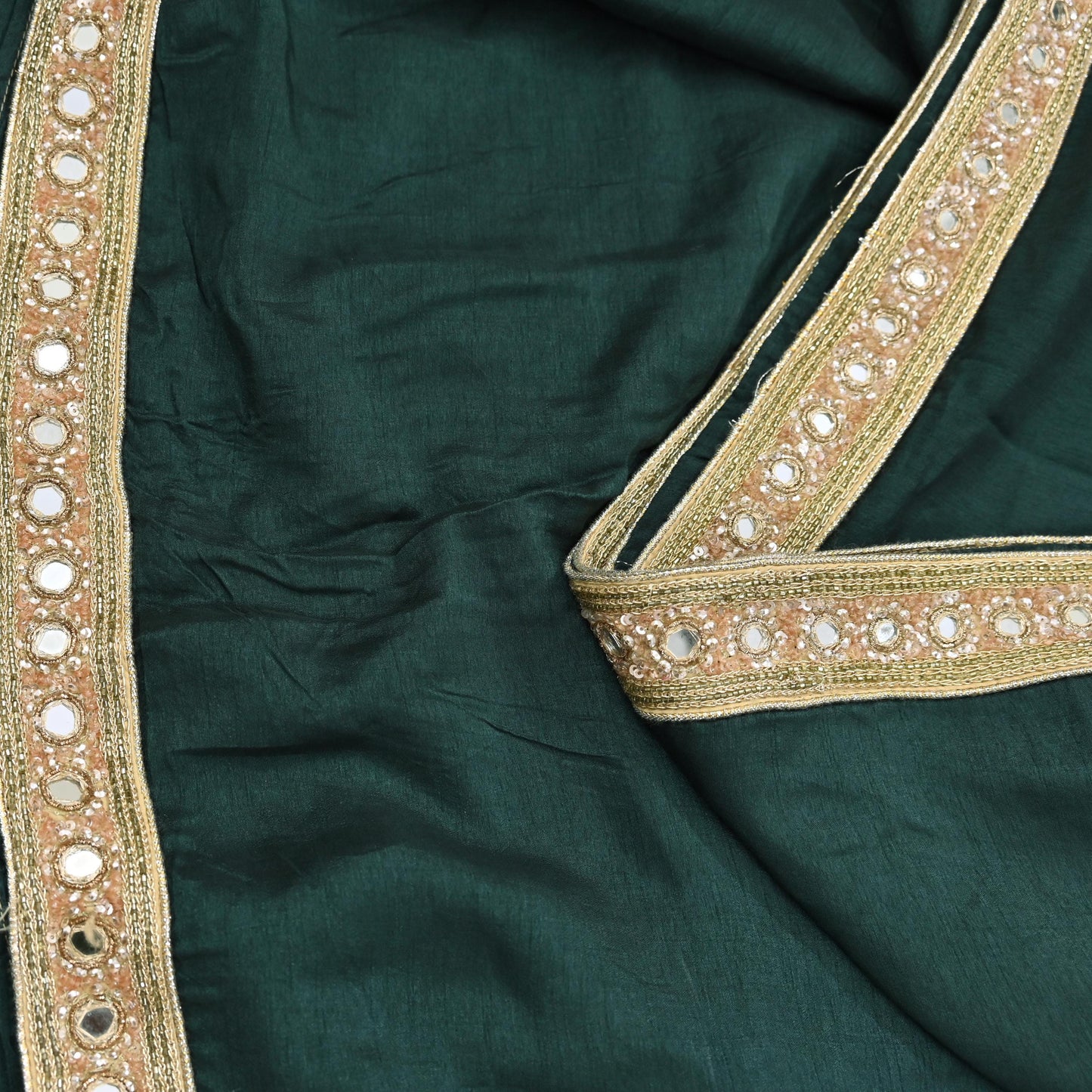 Rare Vintage Deep Green Mirror Pure Silk Saree Hand Embroidered Fabric 5.5 Yards Sari Bollywood Party Wear Ethnic Designer Saree