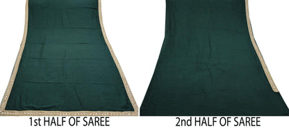 Rare Vintage Deep Green Mirror Pure Silk Saree Hand Embroidered Fabric 5.5 Yards Sari Bollywood Party Wear Ethnic Designer Saree
