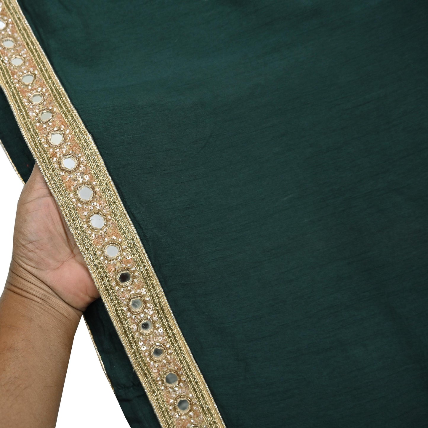 Rare Vintage Deep Green Mirror Pure Silk Saree Hand Embroidered Fabric 5.5 Yards Sari Bollywood Party Wear Ethnic Designer Saree