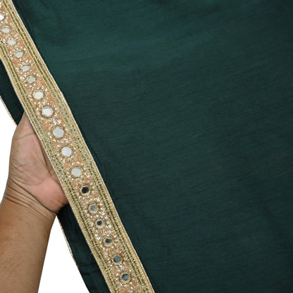 Rare Vintage Deep Green Mirror Pure Silk Saree Hand Embroidered Fabric 5.5 Yards Sari Bollywood Party Wear Ethnic Designer Saree