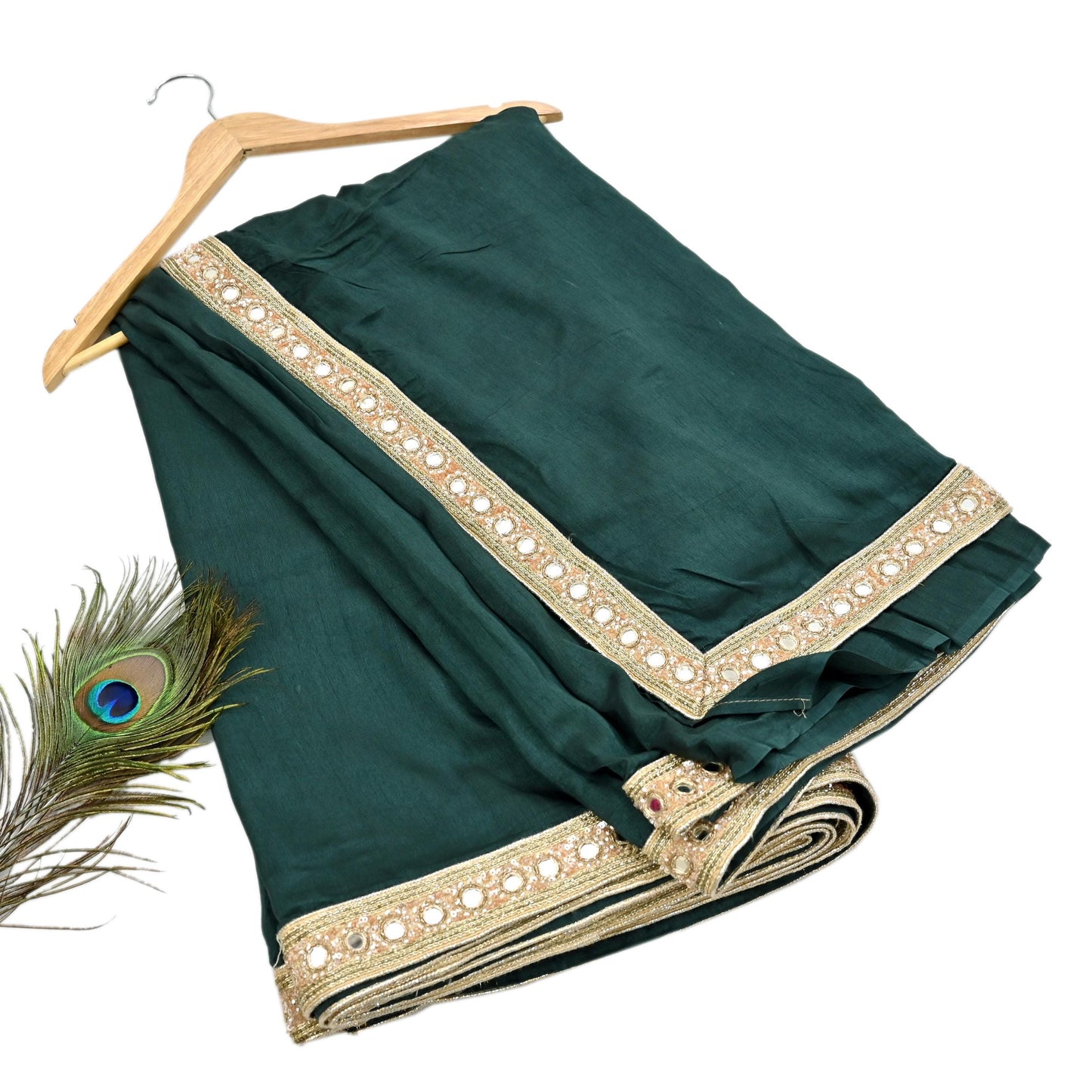 Rare Vintage Deep Green Mirror Pure Silk Saree Hand Embroidered Fabric 5.5 Yards Sari Bollywood Party Wear Ethnic Designer Saree